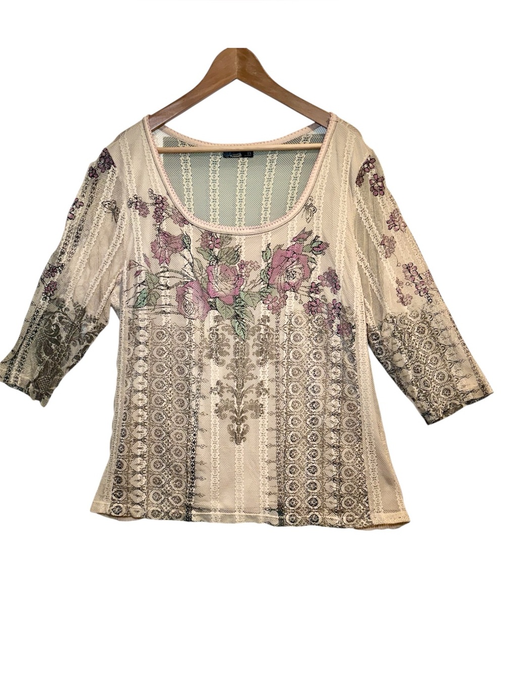 Vintage Y2K Vanilla Sugar Floral Lace Blouse 1X Tattoo Graphic Stretch